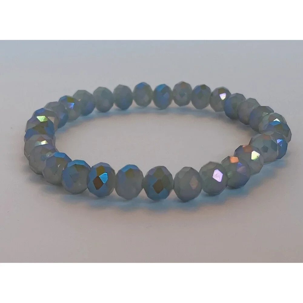 6 mm Blue Gray AB Faceted Rondelle Glass Stretch Bracelet 7 in